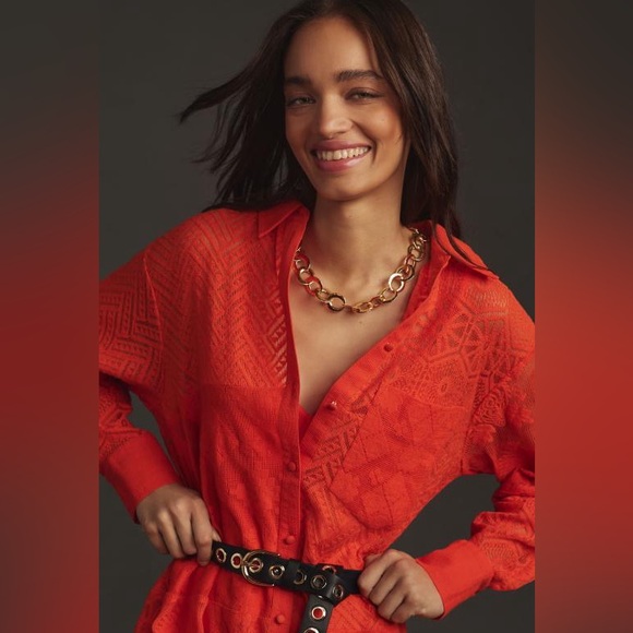 MAEVE by ANTHROPOLOGIE | Soren Long-Sleeve Shirt Dress | Bright Orange | L - Picture 3 of 10